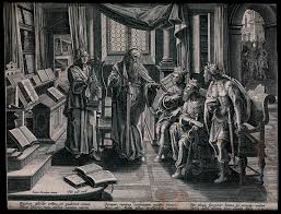 The prophet Elisha, inspired by the music of a minstrel, tells the kings of  Israel, Judah and Edom that their lands will be irrigated without the aid  of rain or wind. Engraving